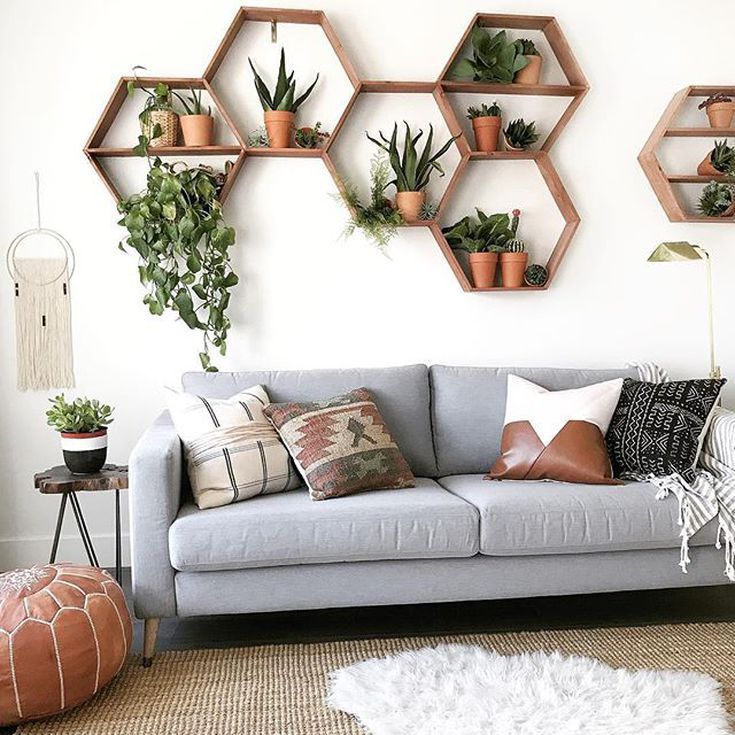 a living room filled with furniture and lots of potted plants on the wall above them