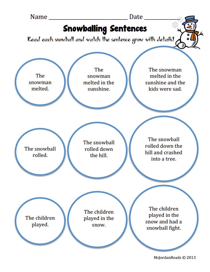 snowballing sentence worksheet with four circles and the words in each circle