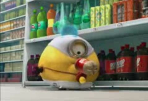 a minion is sitting on the floor in front of shelves