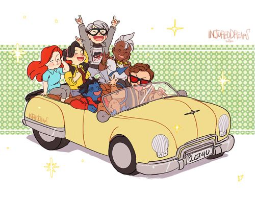 cartoon characters riding in the back of a yellow convertible car with people dressed up as superheros