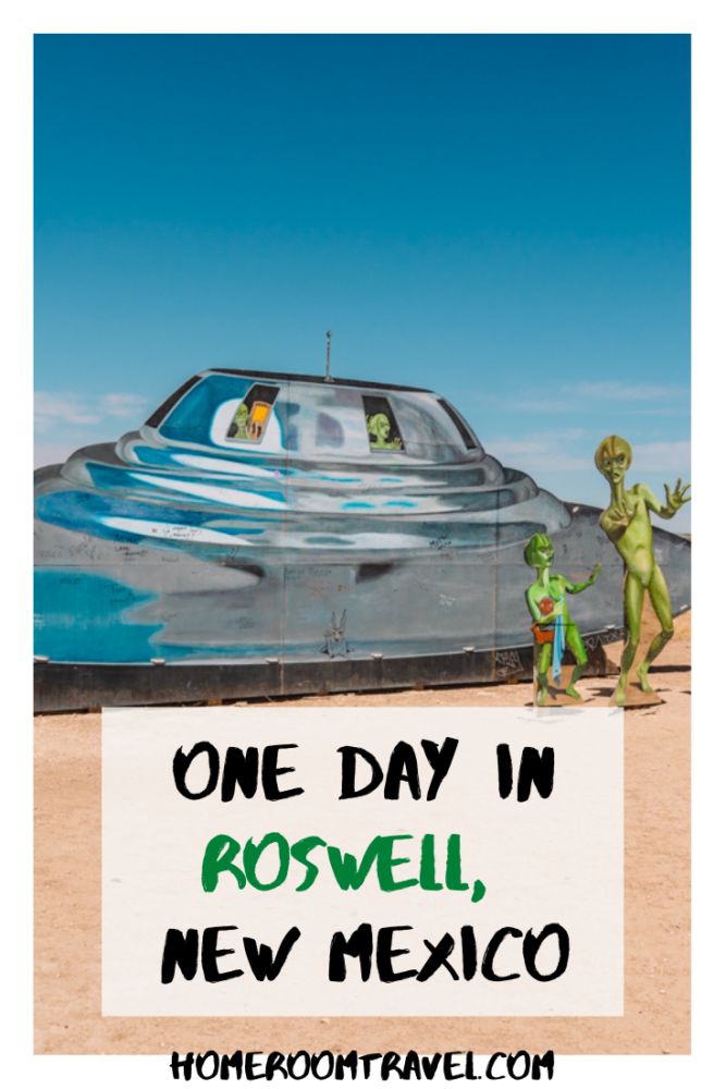 a car with two aliens standing next to it and the words one day in roswell, new mexico