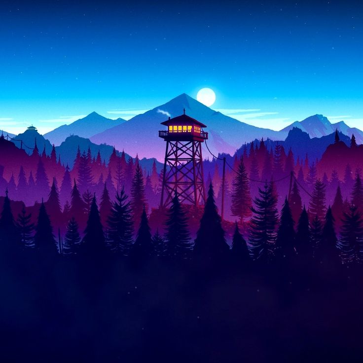 a tall tower sitting in the middle of a forest under a purple and blue sky