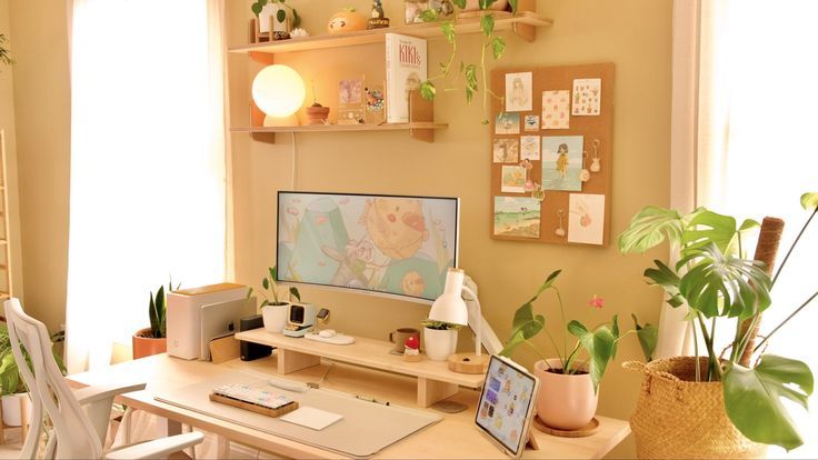 a home office with plants and pictures on the wall