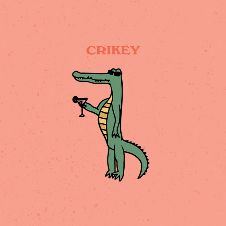 an illustration of a crocodile holding a wine glass with the word crikey on it