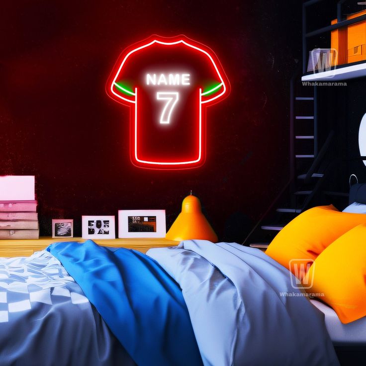 a neon sign that says name 7 in front of a bed