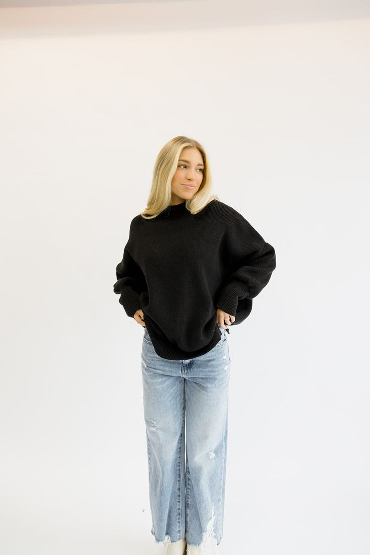 The coziest, most comfortable sweater! It is so versatile and looks good with everything. Everyone needs a sweater like this in their closet! Fits true to size being oversized. Order your true size! Styled with our 90’s High Rise Jeans. Model Info: Makena is 5’6 wearing size S/M. Comfortable Sweater, High Rise Jeans, Black Sweaters, Set Dress, Lounge Wear, Dresses, How To Wear, Black