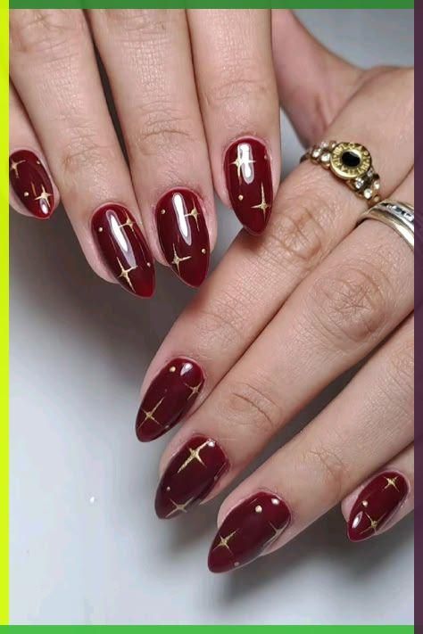 Red Nails With Stars Design, Red An Gold Nails, Dark Red Nails Gold Accent, Red Nails Pattern, Golden Red Nails, Red And Gold Manicure, Red Nails With A Star, Red Nails Gold Design, Red And Gold Star Nails