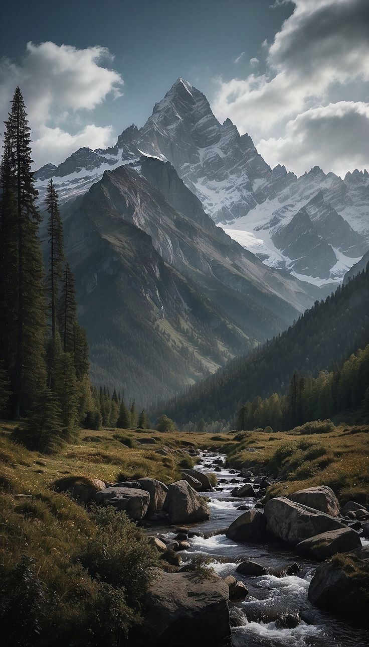 a stream running through a lush green forest under a mountain covered in snow and clouds