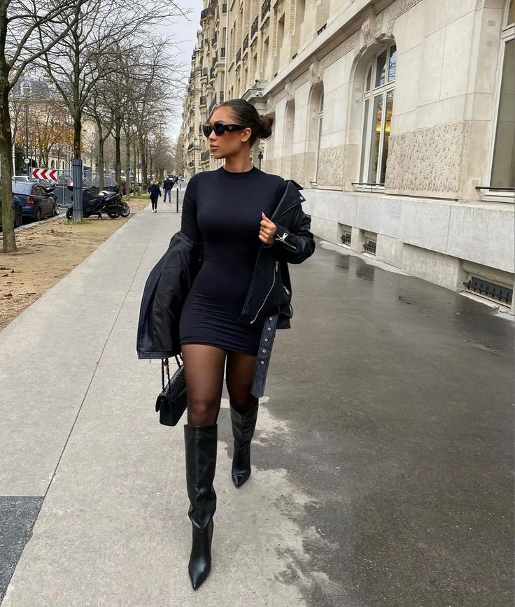 Sleek Birthday Outfit, Black Croc Knee High Boots Outfit, Ny Dinner Outfit, Black Dress With Over The Knee Boots, Outfit With Leather Boots, Black High Boots Outfit Fall, Black Tall Heel Boots Outfit, High Boot Heels Outfit, Bodycon Dress And Boots Outfit