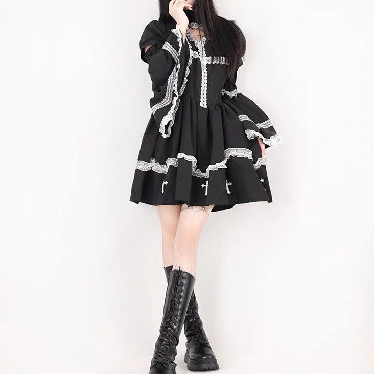 𝔇𝔢𝔱𝔞𝔦𝔩𝔰: Style: Darkwear, Goth Lolita, Kawaii Goth Material: Polyester & Cotton 'Holy Doll' is a features a heart shape hollow-out, lace details, and removable sleeves. It is cute and creepy. Super comfy materials, feel stretchable and soft Get free shipping with a purchase of over 80$ at our store SIZE WAIST LENGTH SHOULDER CHEST SLEEVES 27 in 32 in 7 in 34 in 7 inM 28 in 32 in 7 in 35 in 7 inL 30 in 33 in 8 in 37 in 8 inXL 31 in 33 in 8 in 39 in 8 inItem measured by hands may have 1-2 i Black Mini Dress With Lace Trim For Halloween, Black Gothic Mini Dress With Lace Trim, Black Gothic Dress With Doll Collar, Gothic Black Dress With Doll Collar, Black Harajuku Dress For Alternative Fashion, Black Harajuku Dress With Doll Collar, Black Long Sleeve Emo Dress, Black Mini Dress With Lace Collar, Black Mini Lace Dress With Lace Collar