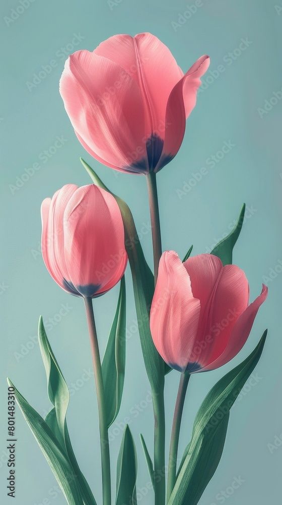 three pink tulips with green leaves against a blue sky background, digital painting