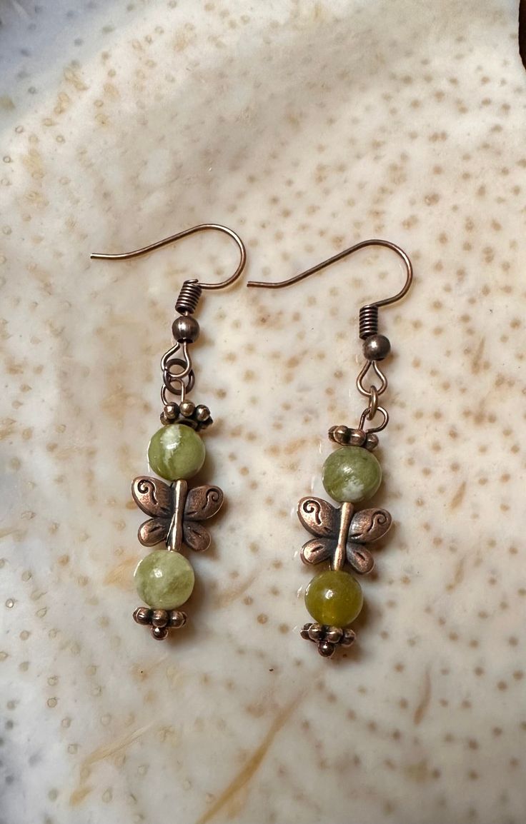 Quinghua Jade gemstone copper hypoallergenic earrings with butterfly spacers. Diy Earrings Dangle, Brow Tattoo, Cute Ear Piercings, Jade Gemstone, Jade Earrings, Pretty Jewelry, Handmade Wire Jewelry, Funky Jewelry, Jewelry Lookbook