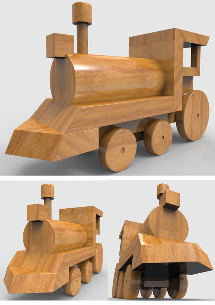 the wooden toy train is shown in three different views, including one showing the front and side