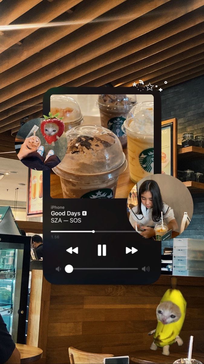 an image of some food and drinks on the wall in front of a woman sitting at a table