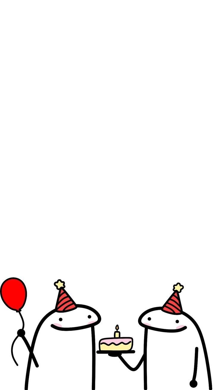 two cartoon figures holding hands with a piece of cake and a red balloon in the air