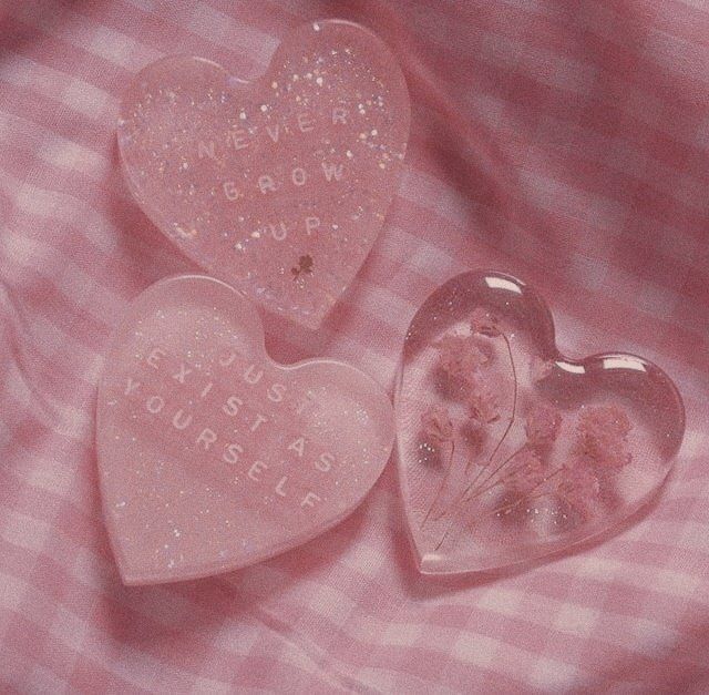 two heart shaped soaps sitting on top of a pink and white checkered blanket