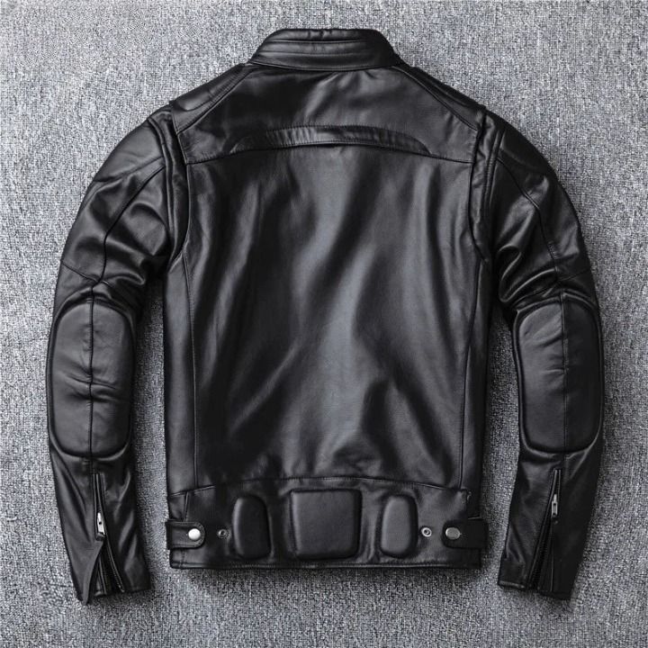 Stay stylish and warm this winter with this genuine leather motorcycle jacket. Designed for men, it features a slim fit and a solid pattern for a sleek, modern look. The stand collar adds a touch of sophistication, while the zipper closure provides a secure fit. Perfect for casual wear, this jacket blends classic design with comfortable warmth, making it an ideal choice for colder weather. Winter Leather Jacket With Zip Fly And Stand Collar, Winter Leather Jacket With Stand Collar And Zip Fly, Fitted Leather Jacket For Winter Outdoor, Biker Leather Jacket With Stand Collar For Winter, Winter Motorcycling Leather Jacket With Zip Fly, Winter Biker Leather Jacket With Stand Collar, Winter Business Leather Jacket With Zipper Closure, Winter Business Leather Jacket With Zipper, Winter Leather Jacket With Zipper For Business