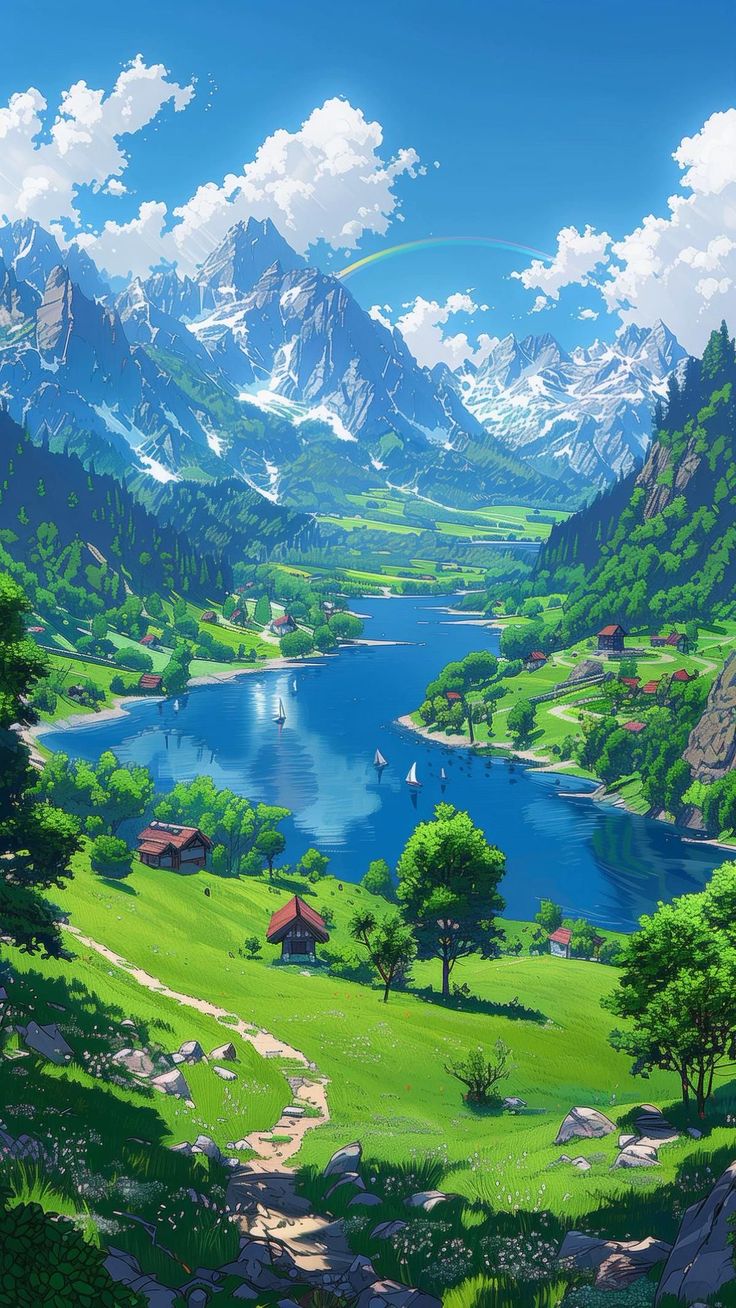 an anime landscape with mountains and lakes in the foreground, green grass on either side