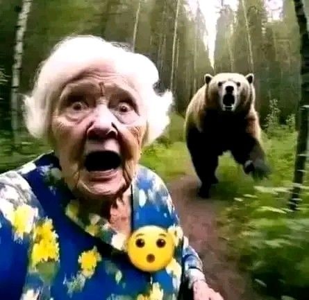 an old woman holding a teddy bear in front of a brown bear on a path