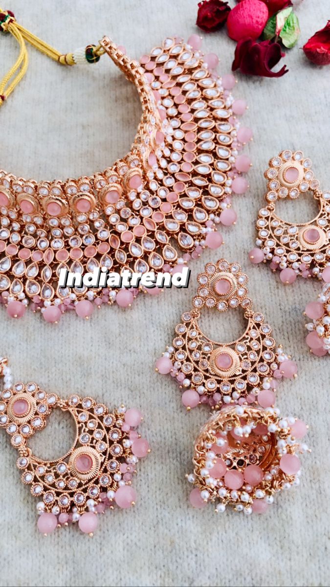 $121.00 USD Necklace Set For Pink Lehenga, Pink Kundan Necklace For Wedding And Festivals, Heavy Pink Bridal Necklace For Festivals, Pink Bollywood Jewelry Sets For Wedding, Nikkah Pink Jewelry, Elegant Pink Kundan Necklace, Hand Set, Wedding Flower Jewelry, Bangles Jewelry Designs, Jewelry Outfit