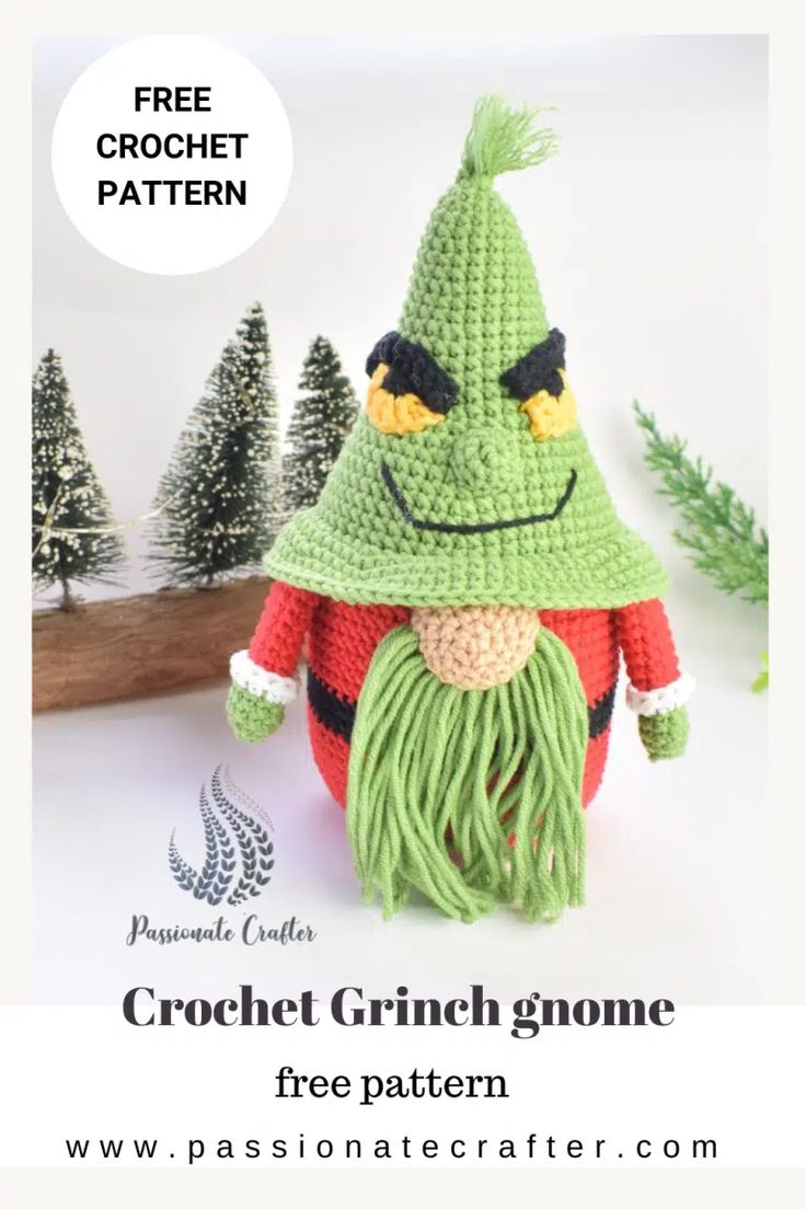 a crochet gnome is featured in this free pattern