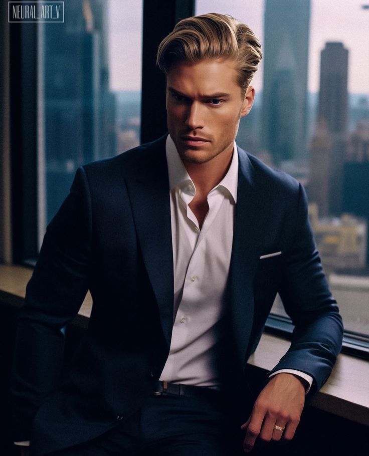 a man in a suit sitting on a window sill next to a cityscape