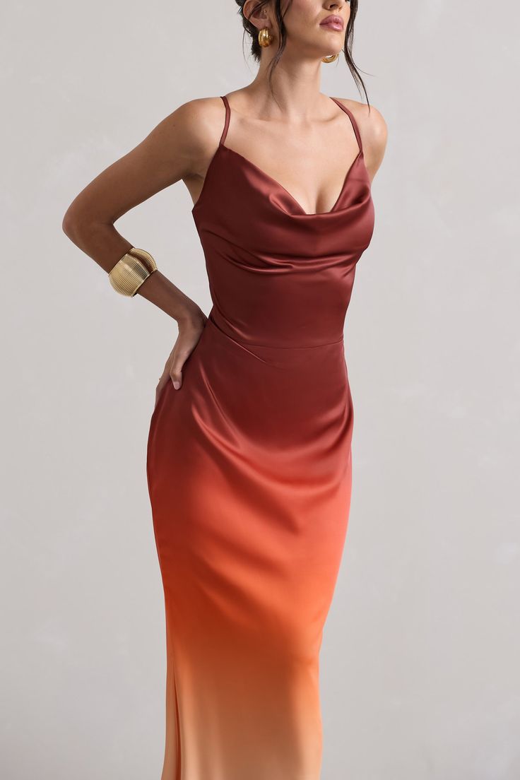 A scene-stealing gown that mixes elegance and seduction, say hello to Fiji. Crafted from a fluid satin, this maxi dress features a captivating ombre effect that seamlessly transitions from burnt orange to a tropical pastel shade. Boasting a cowl neckline and sultry lace-up back, Fiji is the perfect addition to your holiday wardrobe. Features - Premium satin- Ombre effect- Cowl neckline - Strappy open back- Self-tie cami straps- Invisible zip closure- Maxi length Sizing & Fit Model is 5'6.5 and w Rust Orange Dress Formal, Sunset Gown, Ombre Maxi Dress, Strappy Maxi Dress, Burnt Orange Dress, Black Dress Prom, Ombre Dress, Orange Ombre, Black Tie Gala