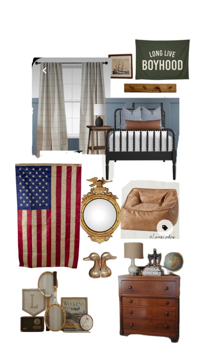 a collage of various items including a bed, dresser and american flag on the wall