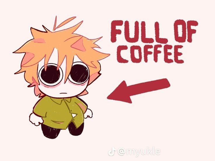 a drawing of a cartoon character with the words full of coffee and an arrow pointing to it