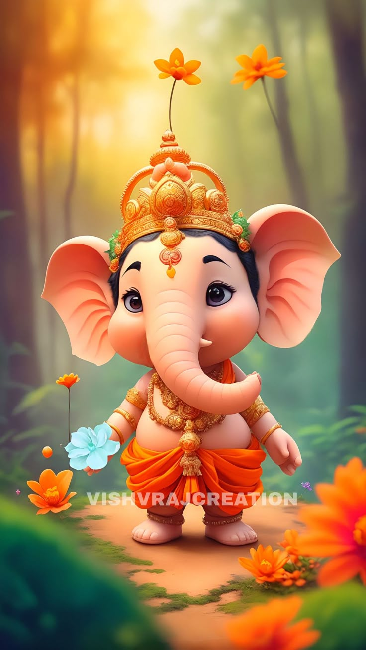 an elephant with a crown on its head standing in the middle of a forest surrounded by flowers