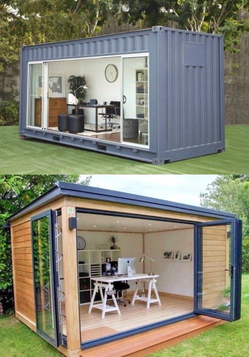 two pictures side by side of a small house made out of shipping containers