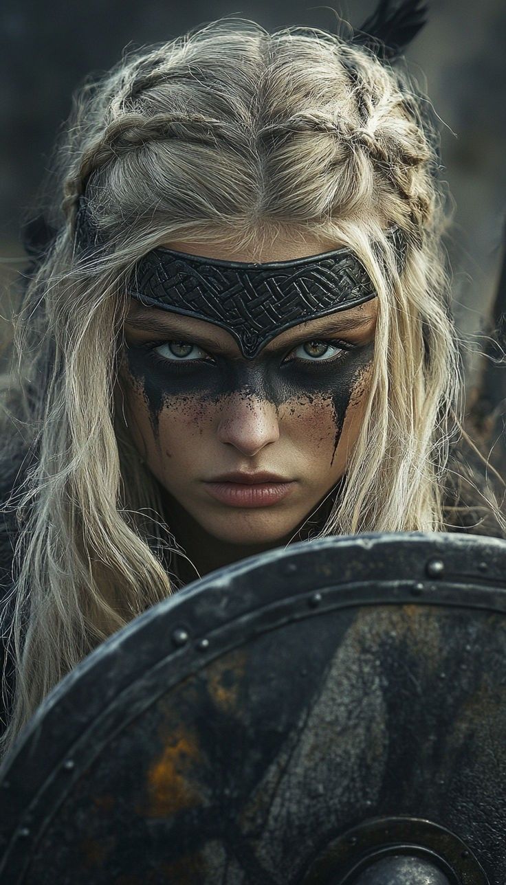 Warrior Eye Makeup, Viking Costume Women’s, Viking Warrior Woman Costumes, Viking Shield Maiden Costume, Celts Warrior, Women Viking Warrior, Viking Woman Aesthetic, Woman Viking Warrior, Amazoness Warrior