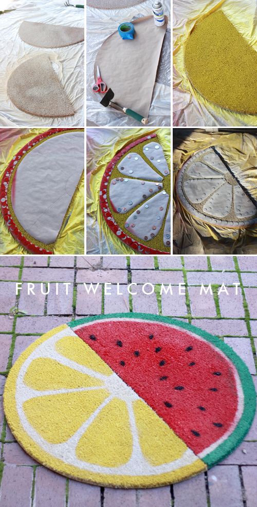 there are pictures of different fruits on the ground