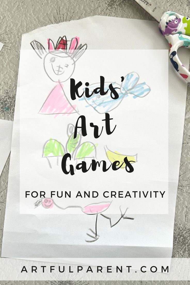 a sign that says kids'art games for fun and creativity with scissors on the table