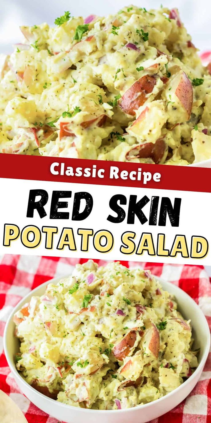 red skin potato salad in a white bowl on a checkered tablecloth with text overlay