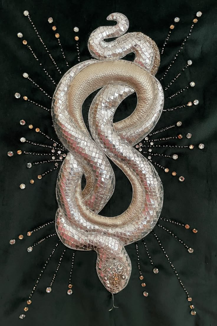 Metallic silver Goldwork snake. Hand embroidery on a green velvet jacket featuring metallic leather, foiled leather and vintage rhinestones.
snake is 3D and curls around realistically. The snake is approximately 10" in length. Snake Jacket, Embroidery On Velvet, Tv Costume, Snake Embroidery, Embroider Ideas, Fuzzy Felt, The Witching Hour, Leather Embroidery, Emb Designs