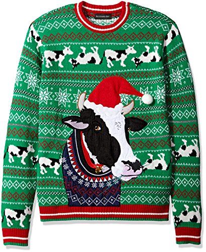 a green and white sweater with a cow wearing a santa hat on it's head