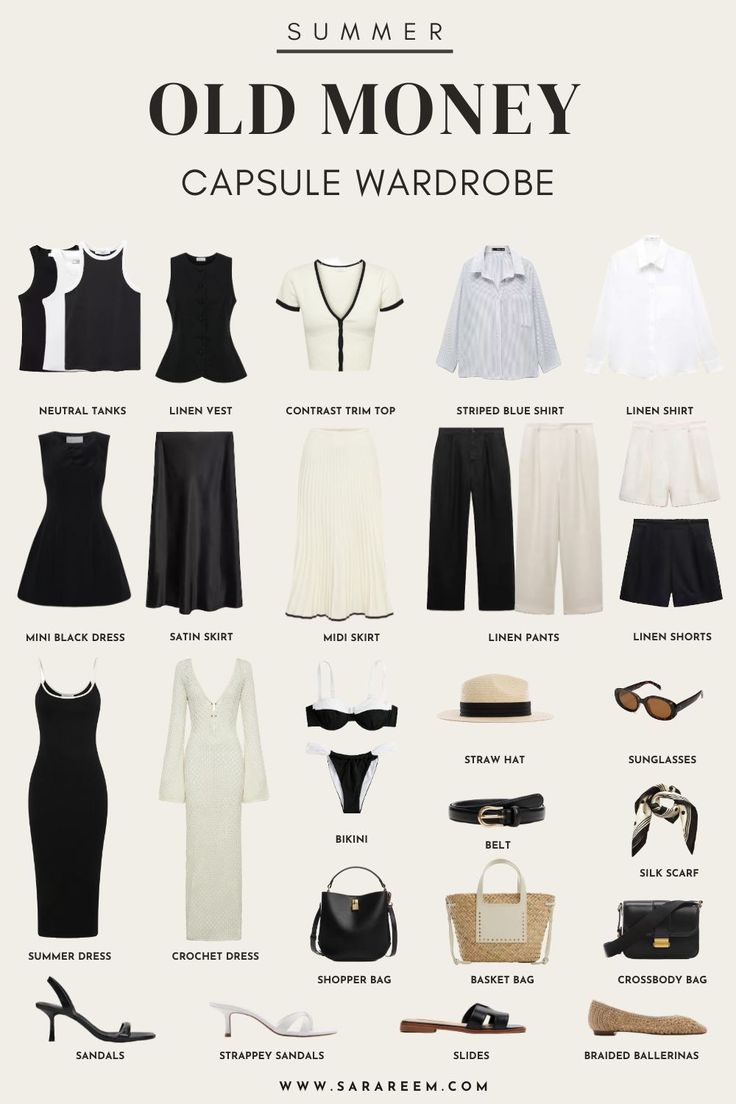 Learn how to curate an effortless and elegant old money summer capsule wardrobe for 2024. This old money summer wardrobe is so versatile and timeless with a list of casual, chic old money summer outfit ideas and I'm sharing 19+ of them! Classy Woman Aesthetic Outfit, Tops For Capsule Wardrobe, Summer 2024 Summer Outfits, Classy Fashion Outfits Summer, The Capsule Wardrobe, Summer Elegance Outfit, Old Fashion Outfits Ideas, European Old Money Aesthetic Outfits, Summer Fashion Essentials