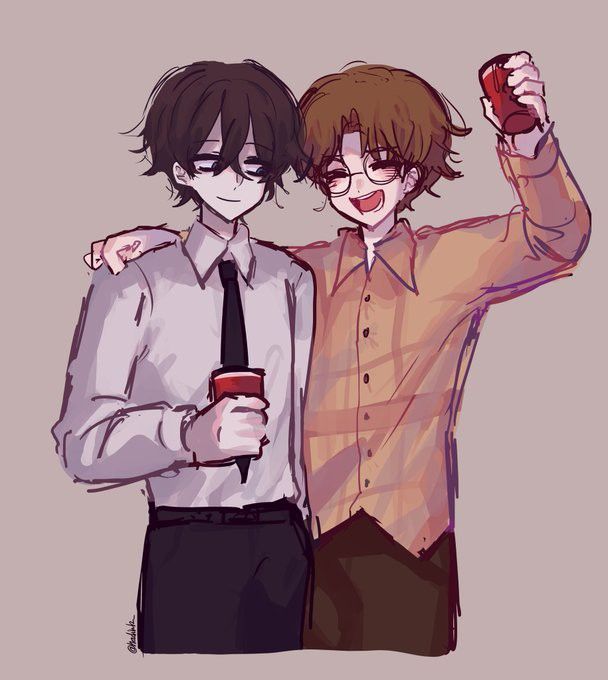 two young men standing next to each other holding coffee mugs and cell phones in their hands