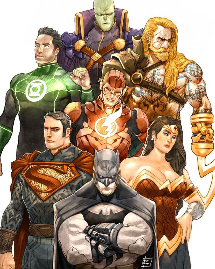 an image of the dc comics characters in their respective outfits and costumes, all standing together