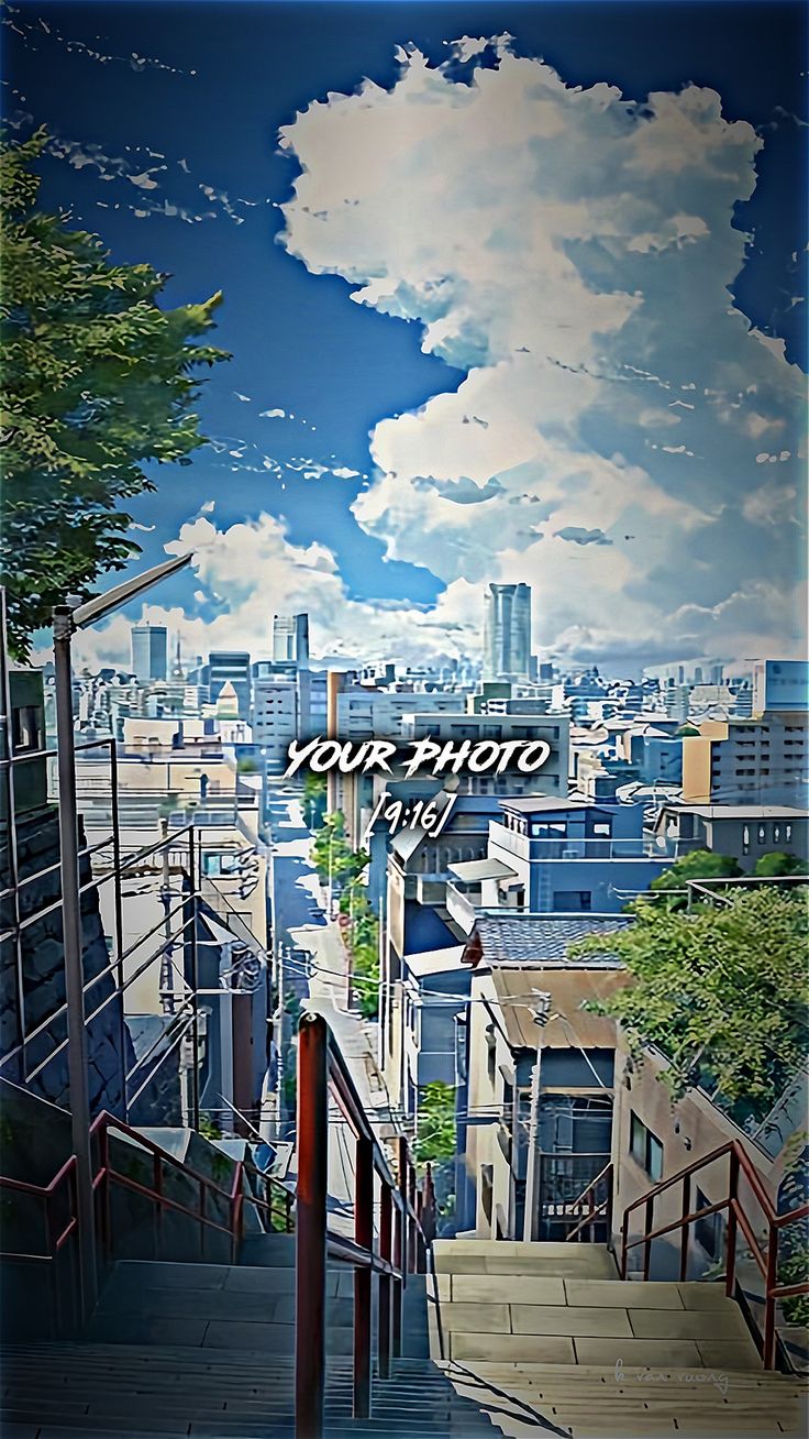 an artistic painting of stairs leading up to the top of a building with a city in the background