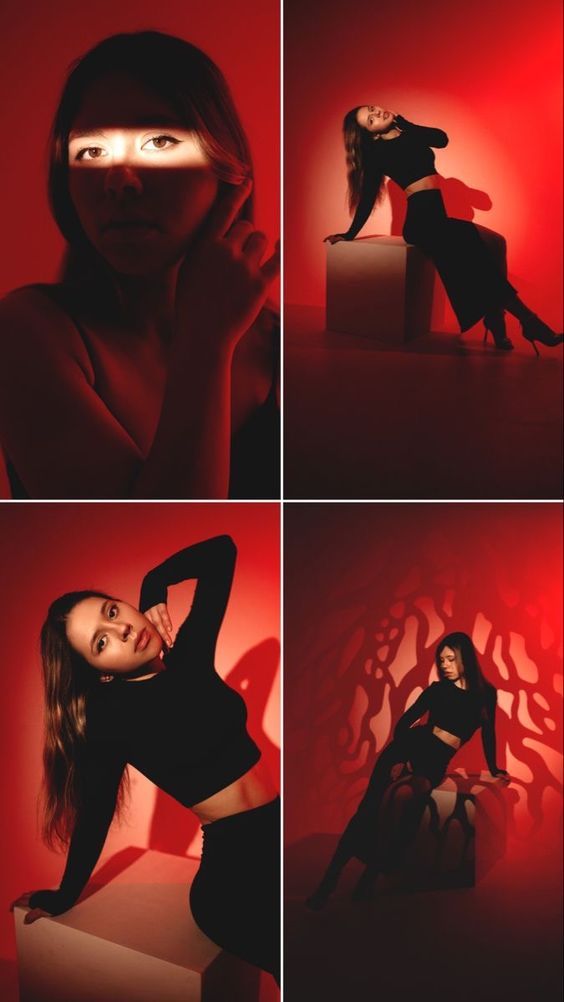 four different images of a woman in black clothing with red lighting on her face and hands behind her head