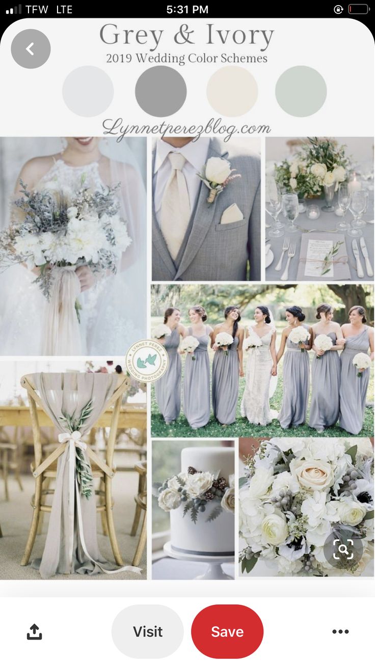 the wedding color scheme for grey and ivory is shown on an iphone screen, with white flowers