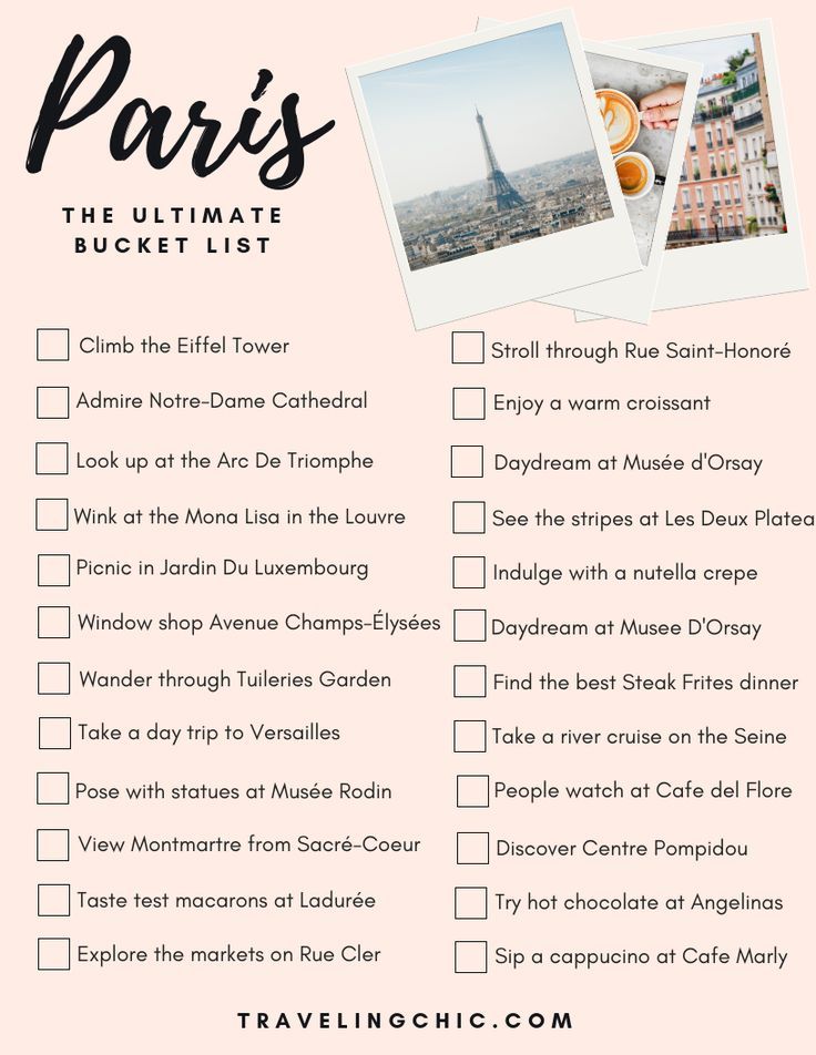 paris the ultimate bucket list with pictures and text overlayed in black on pink