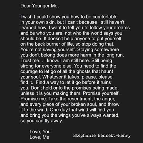 a poem written in black and white on a dark background with the words dear younger me, i wish i could show you how to be comfortable