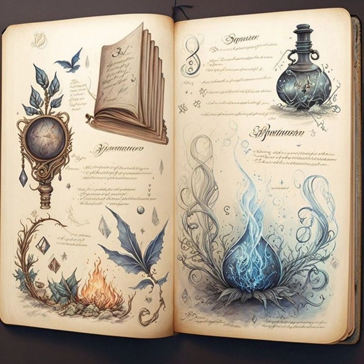 an open book with drawings on the pages and some things in it that are blue