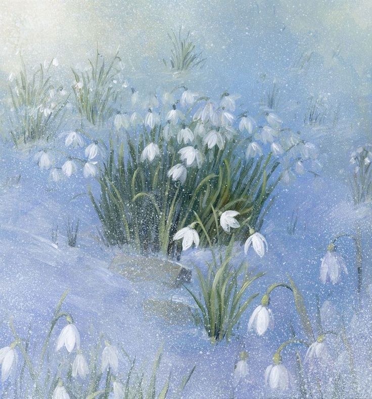 a painting of snowdrops and grass in the snow