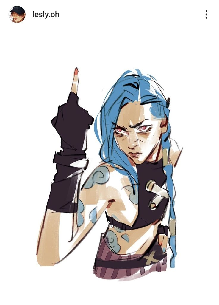 an anime character with blue hair and tattoos pointing at the viewer's left hand