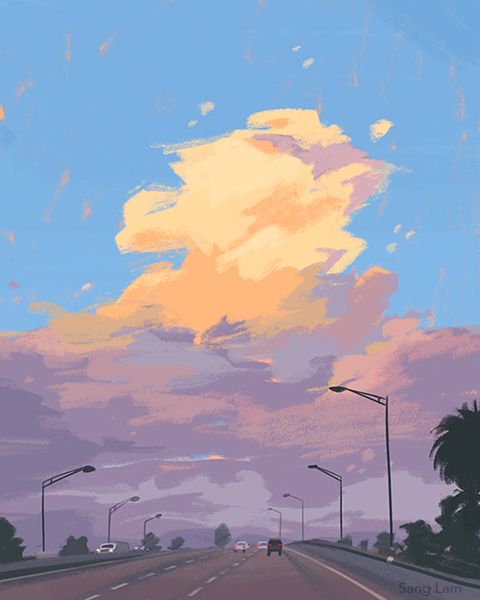 a painting of the sky and street lights