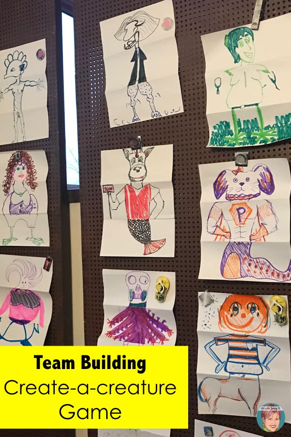 a group of children's drawings hanging on a wall with the words team building create - a - creature game